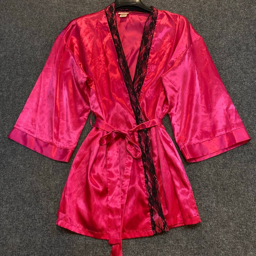 Vintage Dream Girl Womens Medium Pink Satin Belted Bath Robe Black Lace Trim